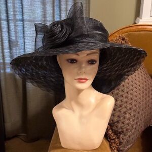 August Hats Large Brim Black Bow Kentucky Derby Church Hat One Size  $138